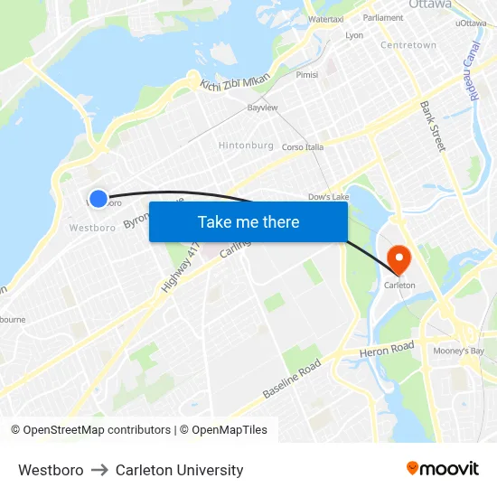 Westboro to Carleton University map