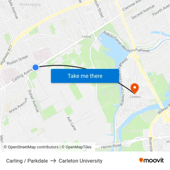 Carling / Parkdale to Carleton University map