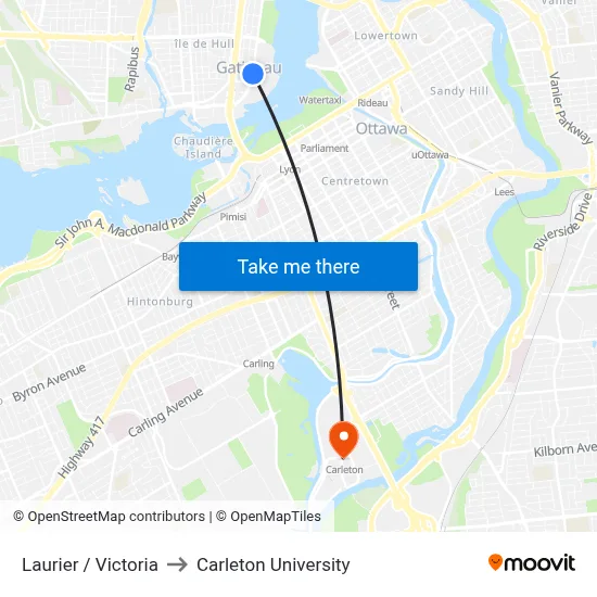 Laurier / Victoria to Carleton University map