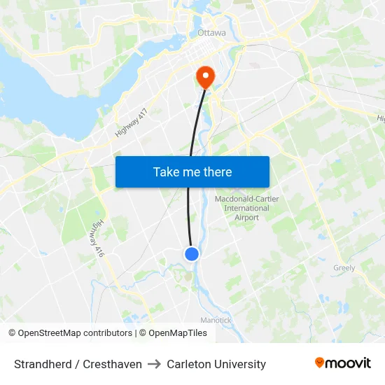 Strandherd / Cresthaven to Carleton University map