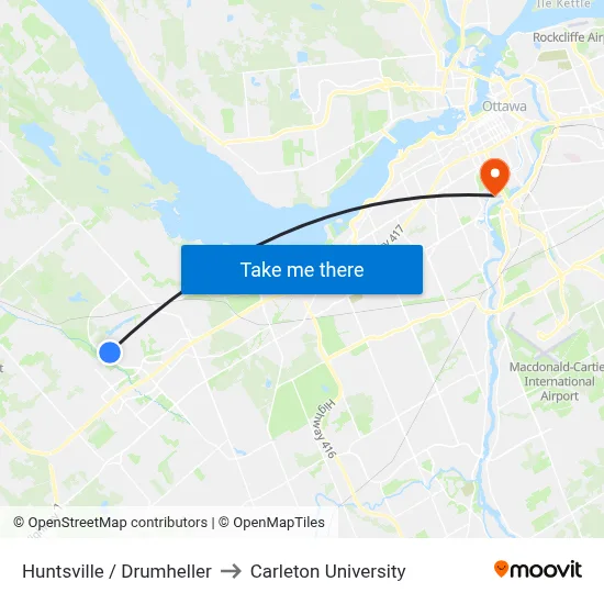 Huntsville / Drumheller to Carleton University map