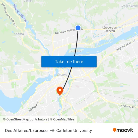 Des Affaires/Labrosse to Carleton University map