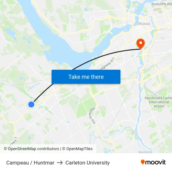 Campeau / Huntmar to Carleton University map
