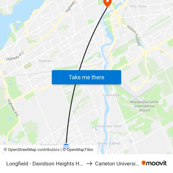 Longfield - Davidson Heights H.S. to Carleton University map