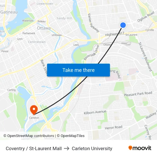 Coventry / St-Laurent Mall to Carleton University map
