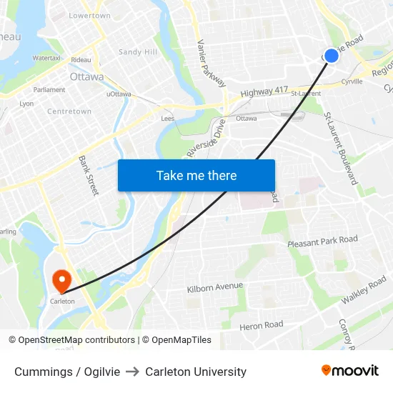 Cummings / Ogilvie to Carleton University map