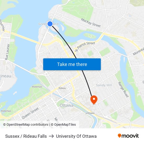 Sussex / Rideau Falls to University Of Ottawa map