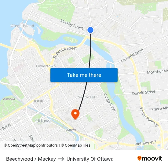 Beechwood / Mackay to University Of Ottawa map