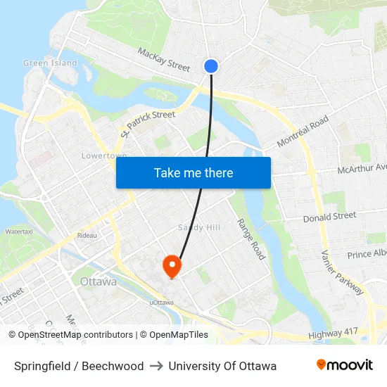 Springfield / Beechwood to University Of Ottawa map