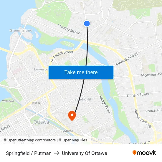 Springfield / Putman to University Of Ottawa map
