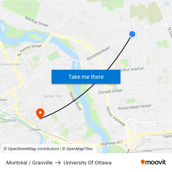 Montréal / Granville to University Of Ottawa map