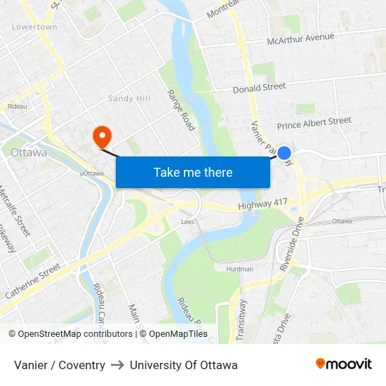 Vanier / Coventry to University Of Ottawa map