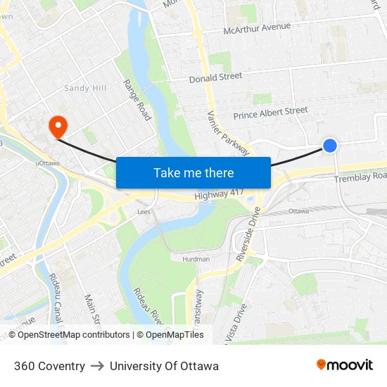 360 Coventry to University Of Ottawa map