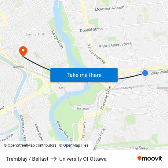 Tremblay / Belfast to University Of Ottawa map