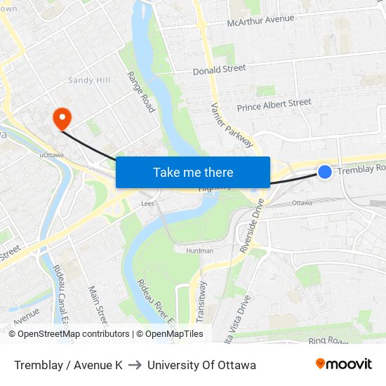 Tremblay / Avenue K to University Of Ottawa map