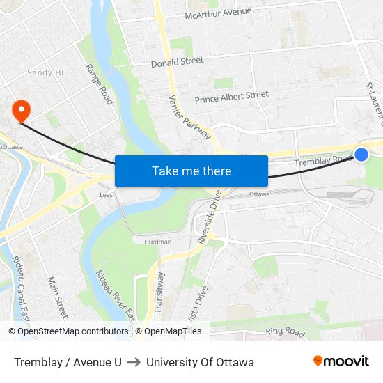 Tremblay / Avenue U to University Of Ottawa map