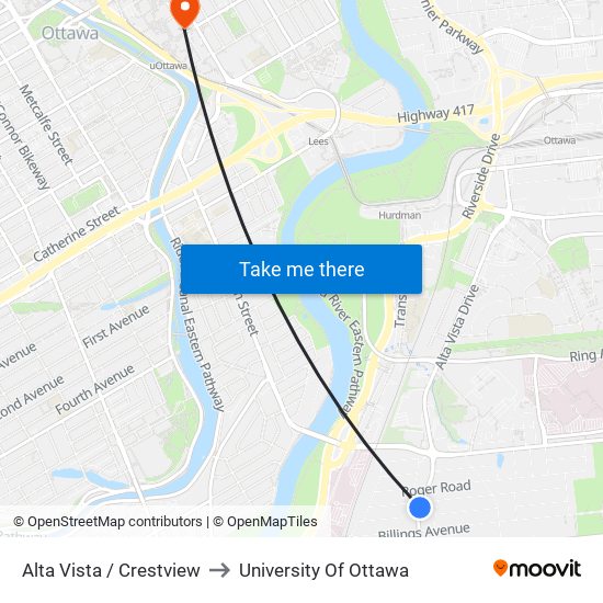 Alta Vista / Crestview to University Of Ottawa map