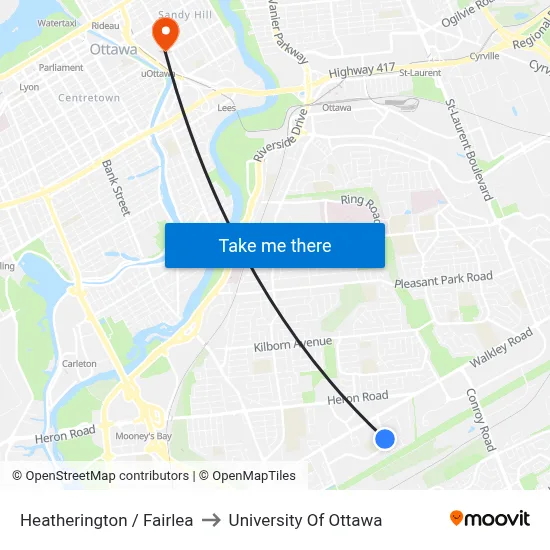 Heatherington / Fairlea to University Of Ottawa map