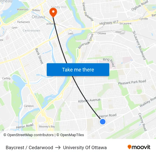 Baycrest / Cedarwood to University Of Ottawa map