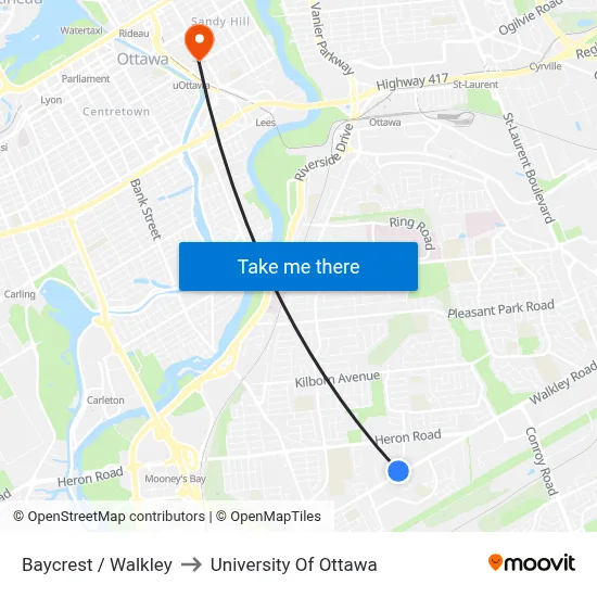 Baycrest / Walkley to University Of Ottawa map