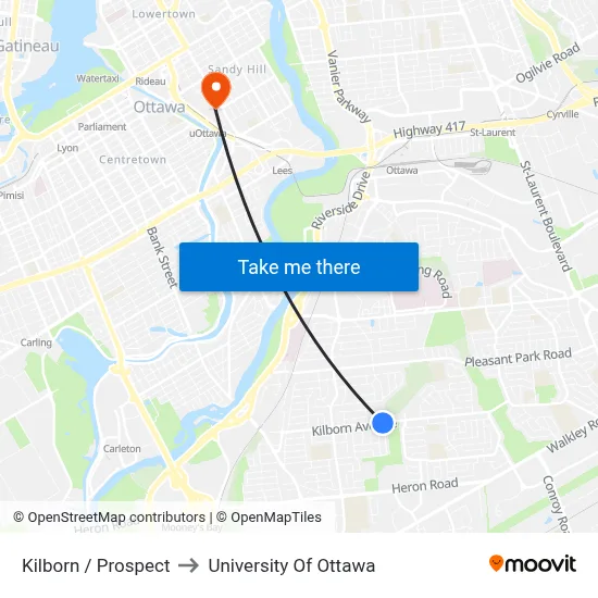 Kilborn / Prospect to University Of Ottawa map