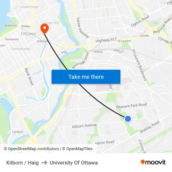 Kilborn / Haig to University Of Ottawa map