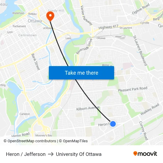 Heron / Jefferson to University Of Ottawa map