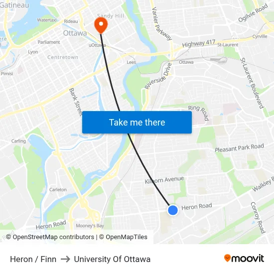 Heron / Finn to University Of Ottawa map