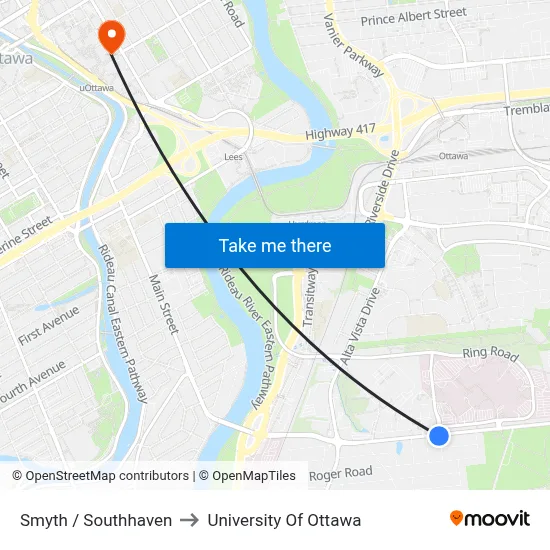 Smyth / Southhaven to University Of Ottawa map