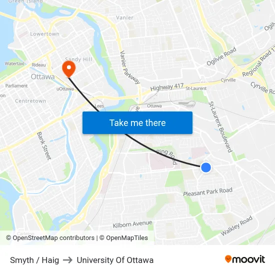 Smyth / Haig to University Of Ottawa map
