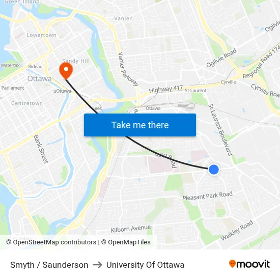 Smyth / Saunderson to University Of Ottawa map