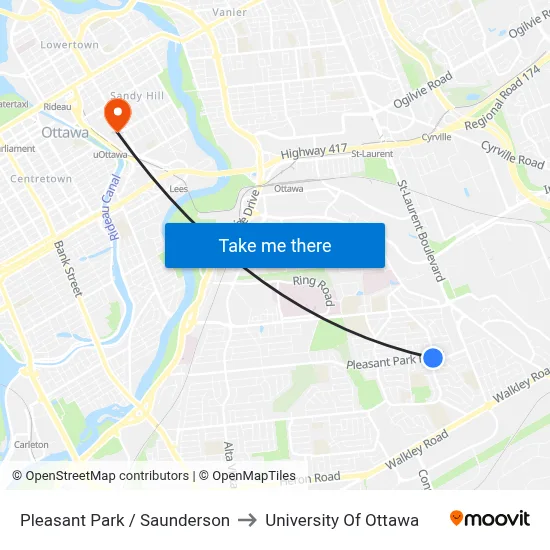 Pleasant Park / Saunderson to University Of Ottawa map