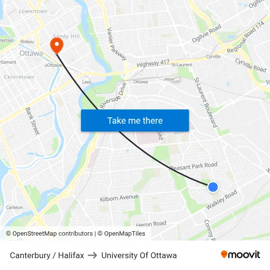 Canterbury / Halifax to University Of Ottawa map