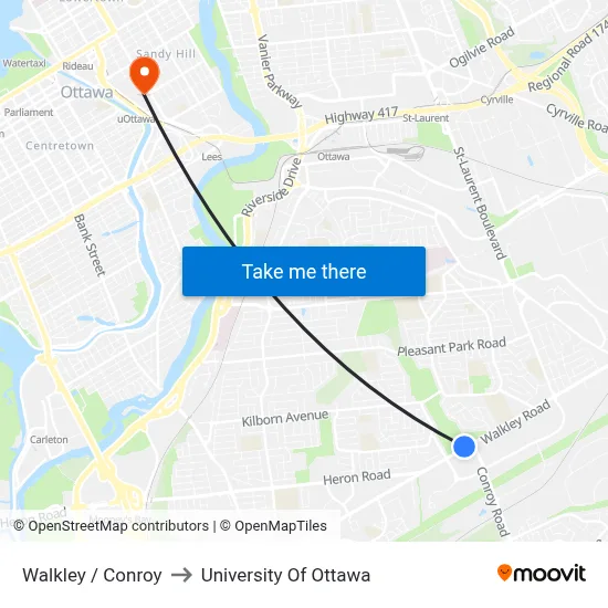 Walkley / Conroy to University Of Ottawa map