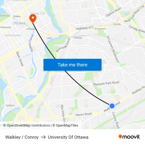 Walkley / Conroy to University Of Ottawa map