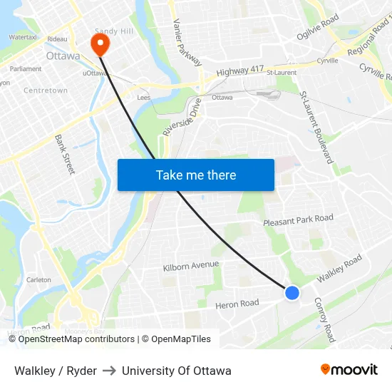 Walkley / Ryder to University Of Ottawa map