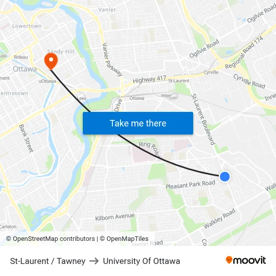 St-Laurent / Tawney to University Of Ottawa map
