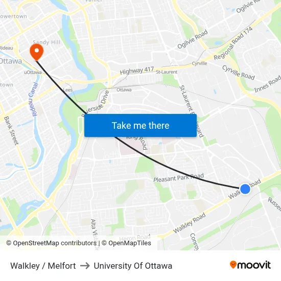 Walkley / Melfort to University Of Ottawa map