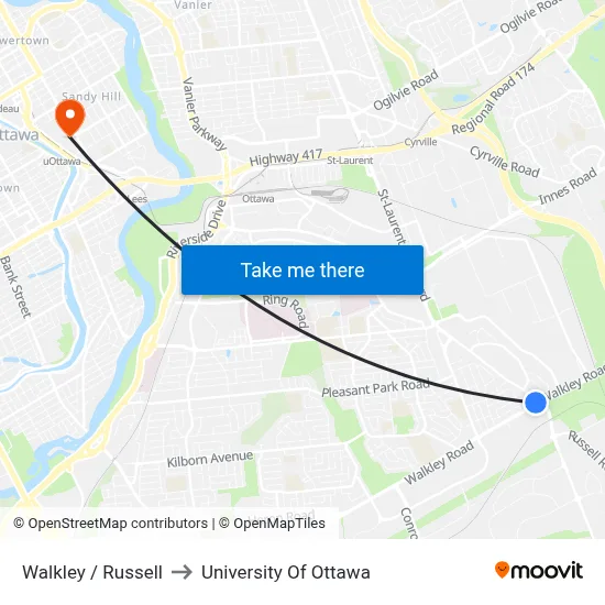 Walkley / Russell to University Of Ottawa map