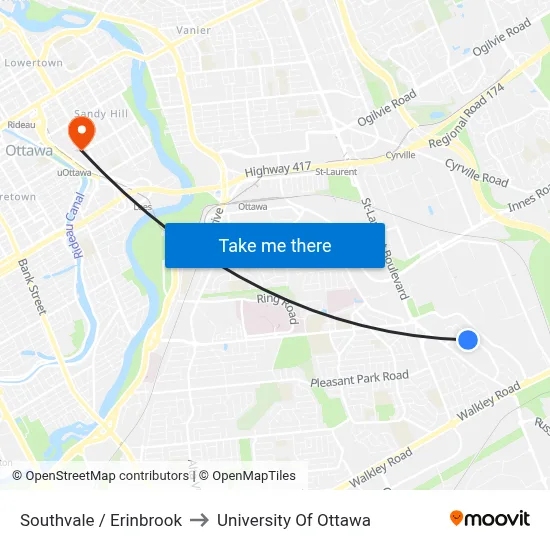 Southvale / Erinbrook to University Of Ottawa map