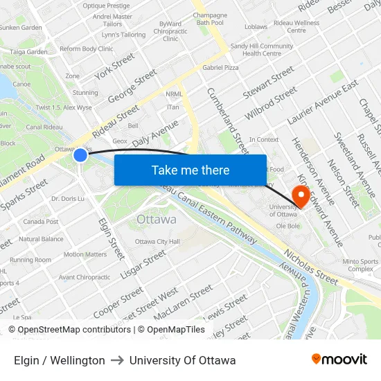 Elgin / Wellington to University Of Ottawa map