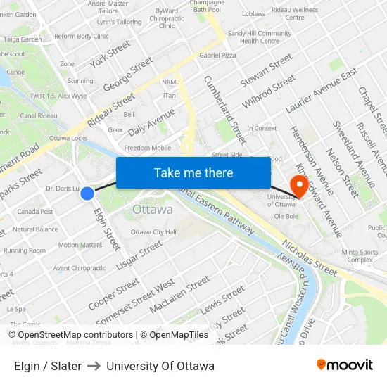 Elgin / Slater to University Of Ottawa map