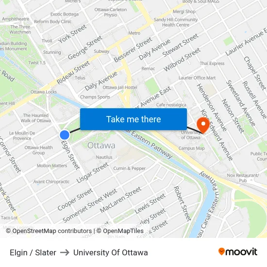 Elgin / Slater to University Of Ottawa map