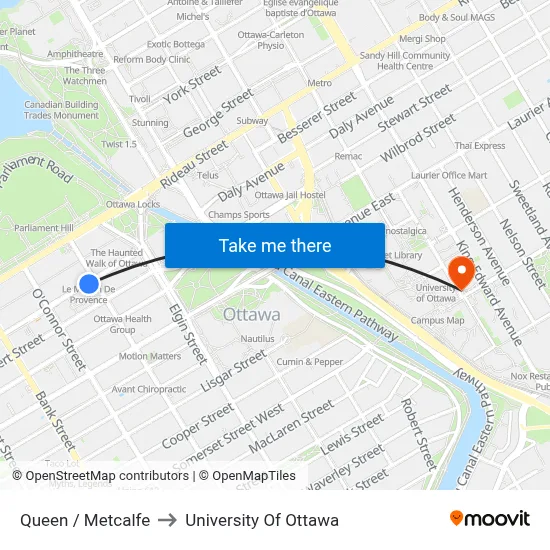 Queen / Metcalfe to University Of Ottawa map