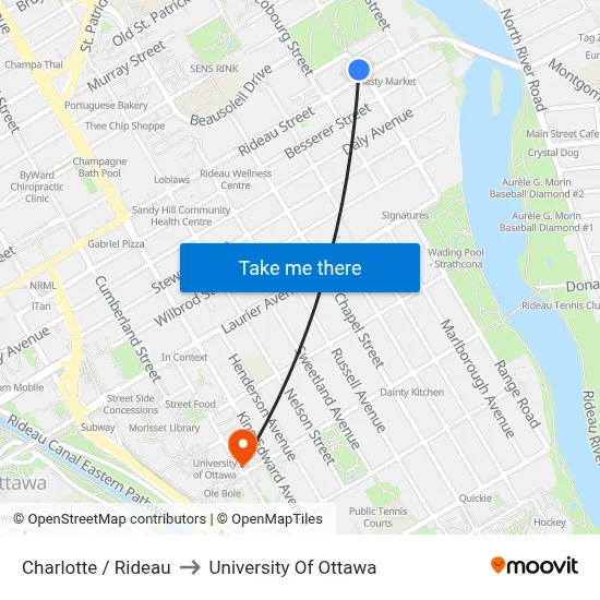 Charlotte / Rideau to University Of Ottawa map