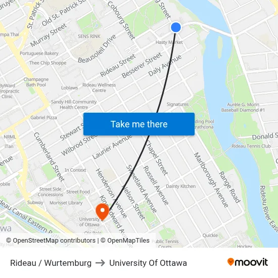 Rideau / Wurtemburg to University Of Ottawa map