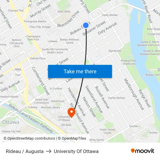 Rideau / Augusta to University Of Ottawa map