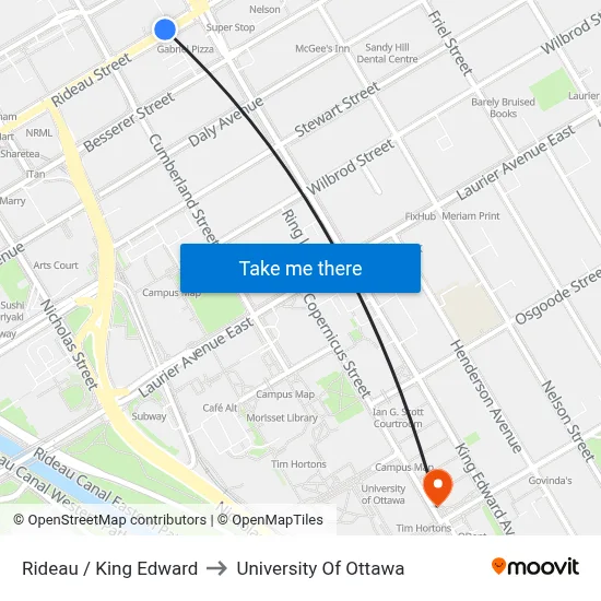 Rideau / King Edward to University Of Ottawa map