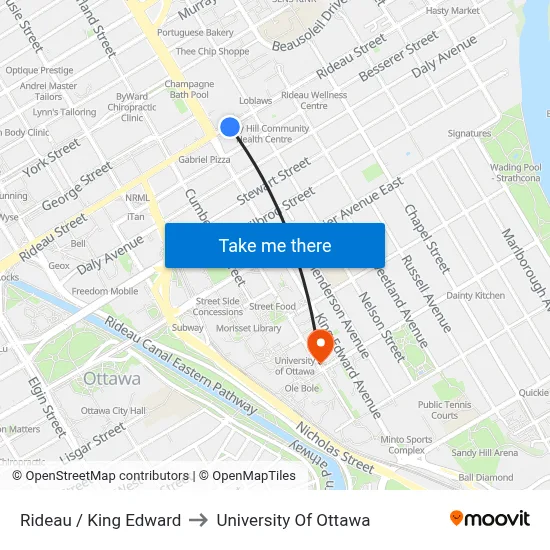 Rideau / King Edward to University Of Ottawa map