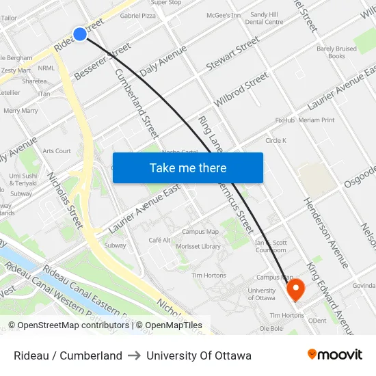 Rideau / Cumberland to University Of Ottawa map